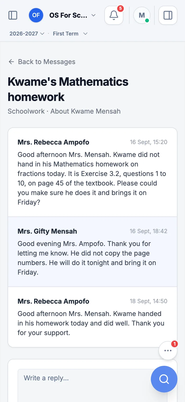 A conversation on a phone: Kwame’s class teacher writes about his Mathematics homework, his mother replies, and the teacher writes that he handed it in. A box below is for the reply.